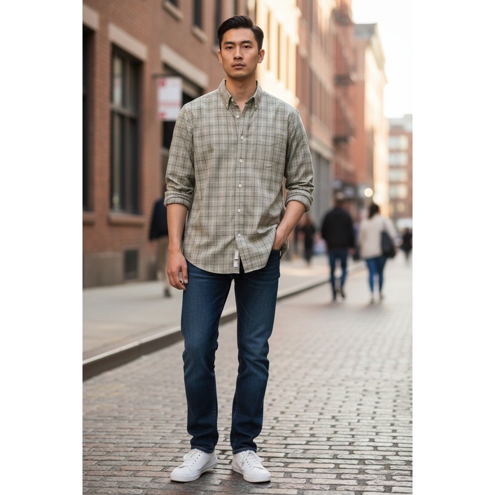 Croft & Barrow Shirt Mens Large Gray Plaid Cotton Pleated Easy Care Button-Down
